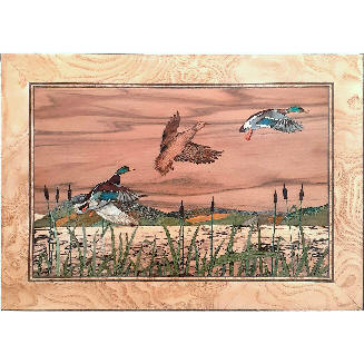 marquetry picture of ducks in flight