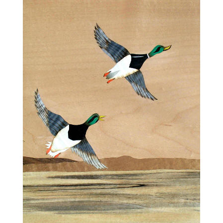 marquetry picture of ducks in flight