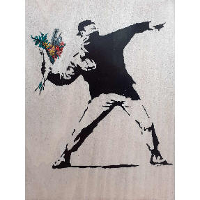 marquetry picture of man throwing flowers