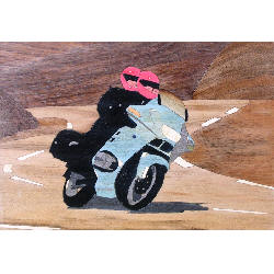 marquetry picture two people on a touring motorcycle